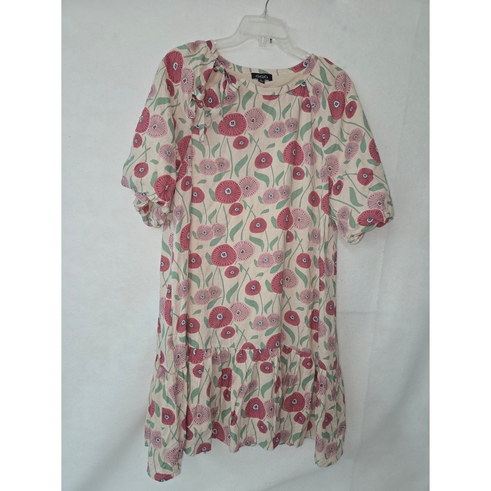GiGiO USA Pink Green Floral Poppy Puff Sleeve Ruffle Hem Dress TG1342 Large